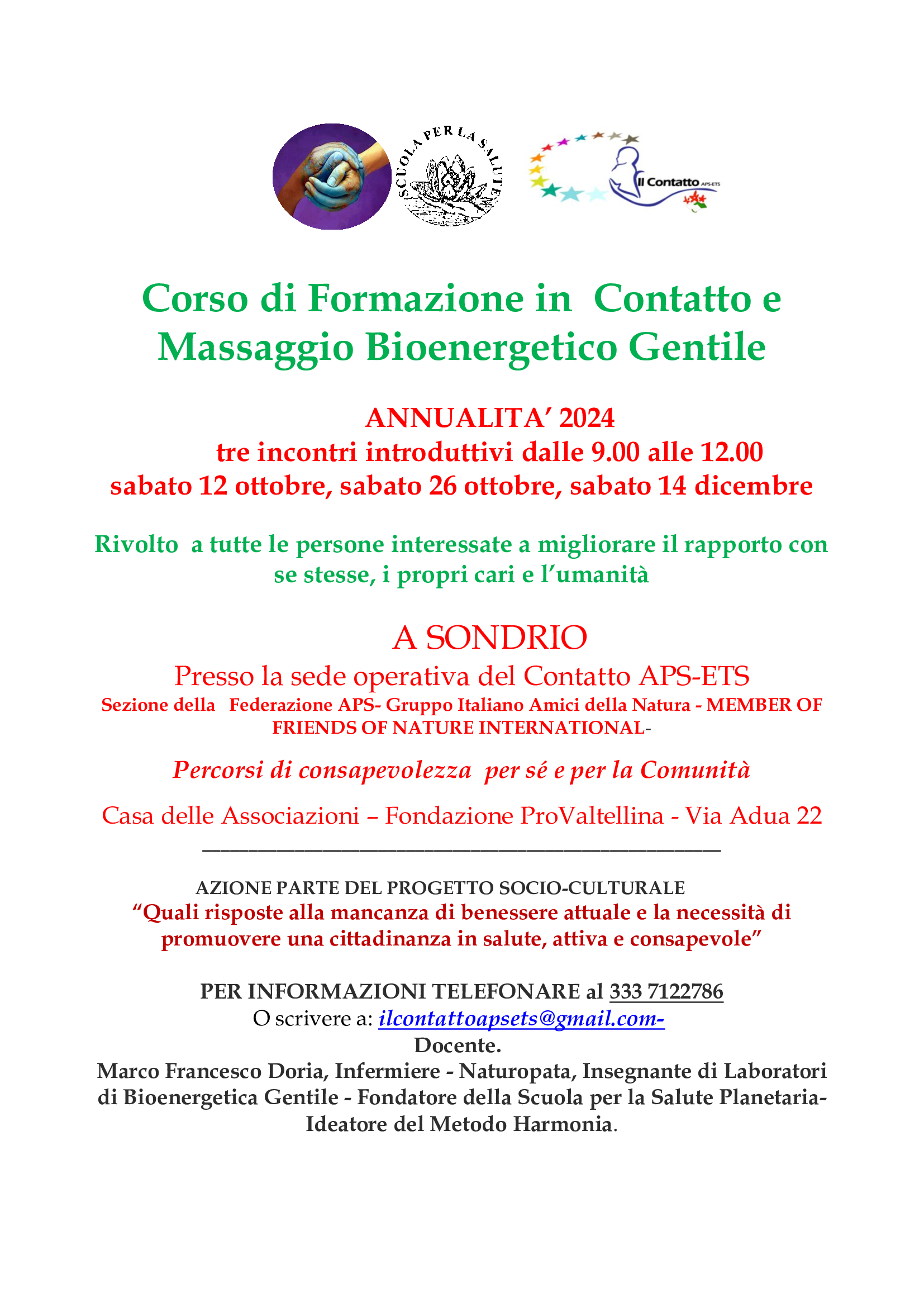 Corso di Formazione in  Contatto e Massaggio Bioenergetico Gentile